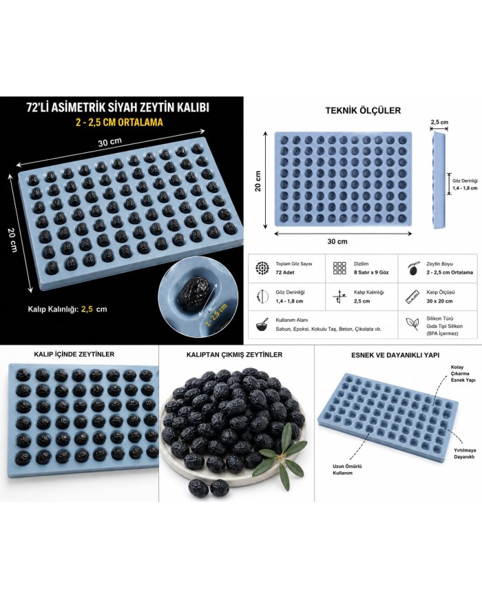 72'li 2cm Gerçekçi Zeytin Silikon Kalıbı - Salkım Sabun, Mum ve