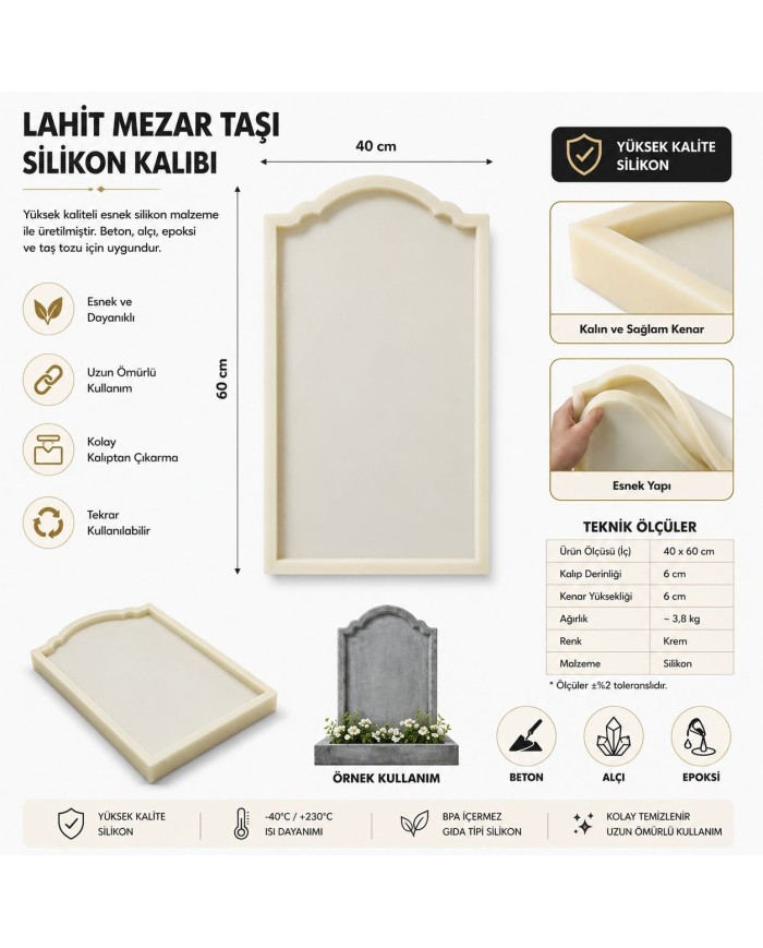 40x60 cm Büyük Kemerli Silikon Kalıp (6 cm Derinlik) - Beton